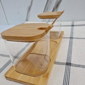 JUEGO DE FRASCOS DE VIDRIO Y BASE DE BAMBÚ